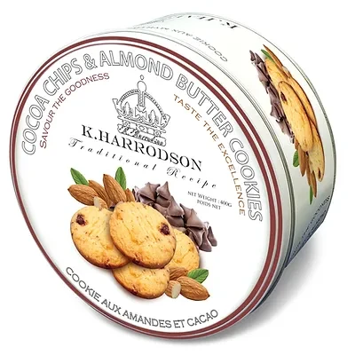 k.Harrodson Cookies Biscuit Tin Cocoa Chips Almond 400G